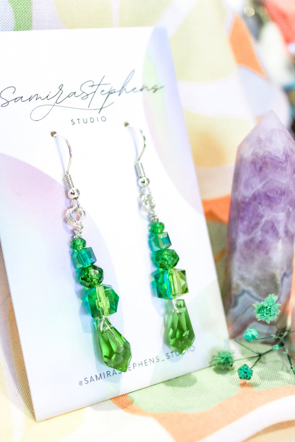 Elodie Crystal Drop Earrings in Green