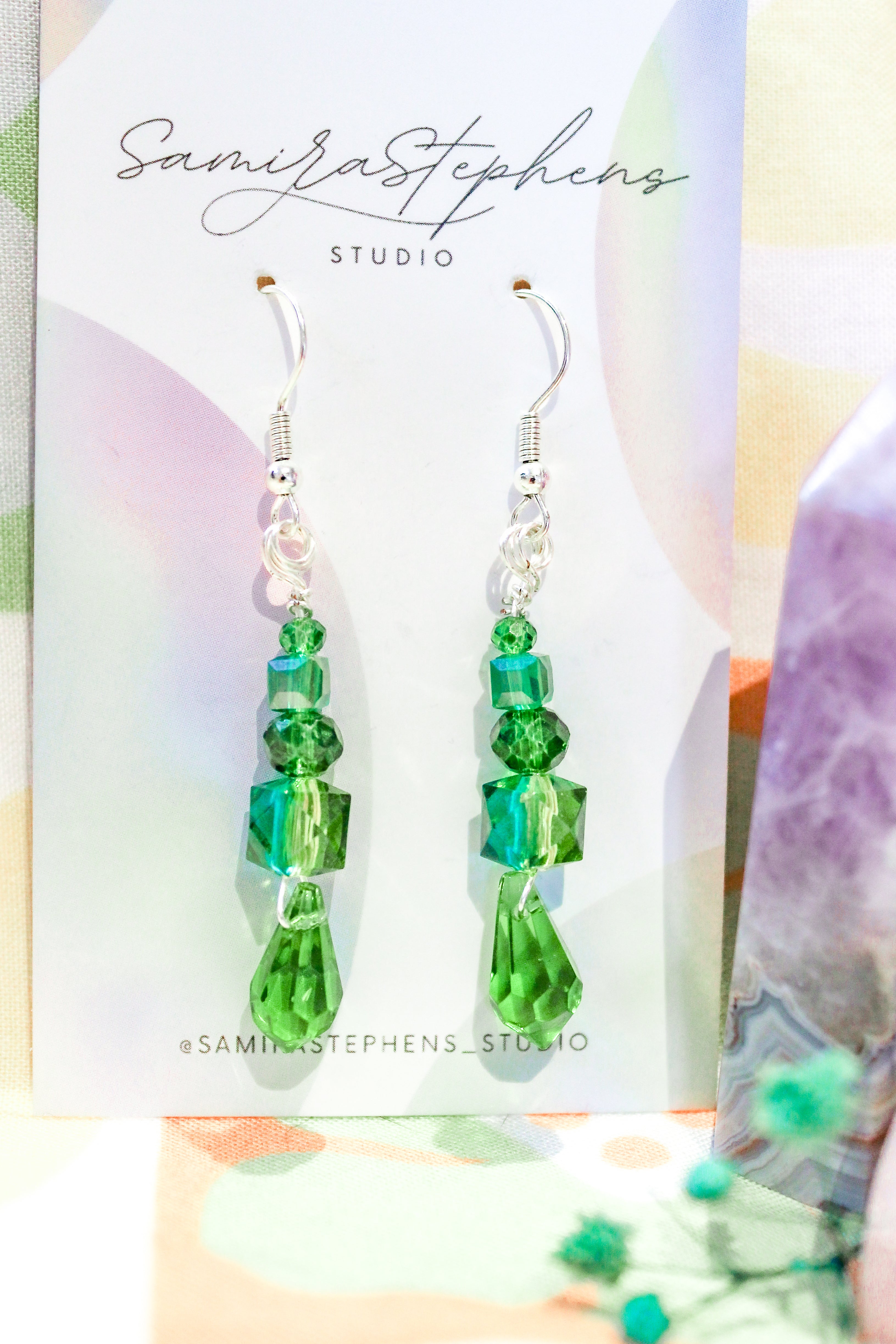 Elodie Crystal Drop Earrings in Green