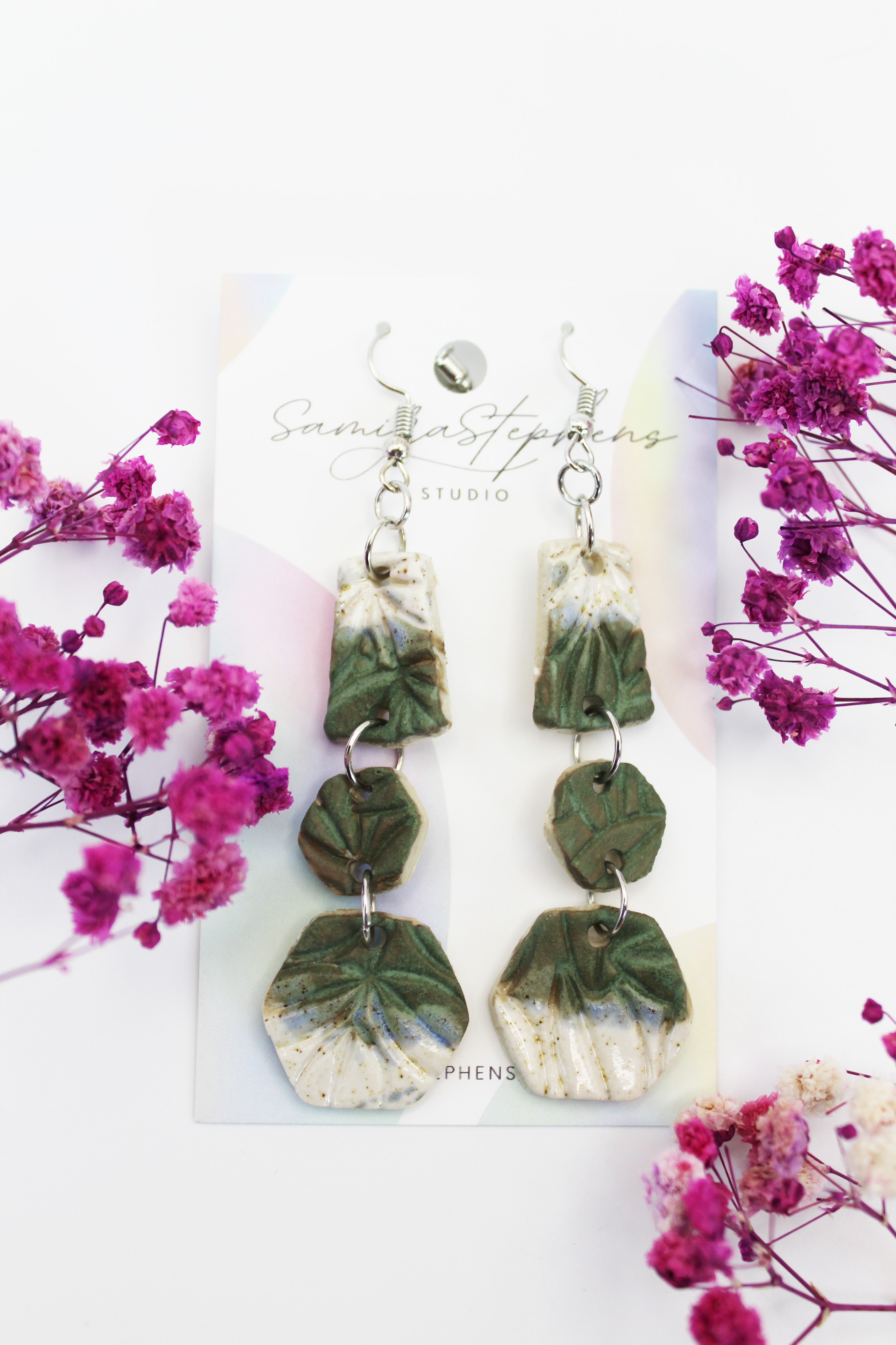 Lena Ceramic Leafy Hexagon Earrings