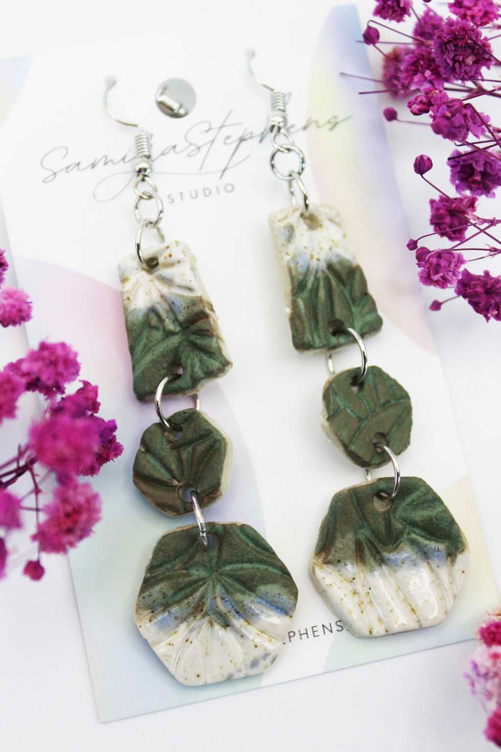 Lena Ceramic Leafy Hexagon Earrings