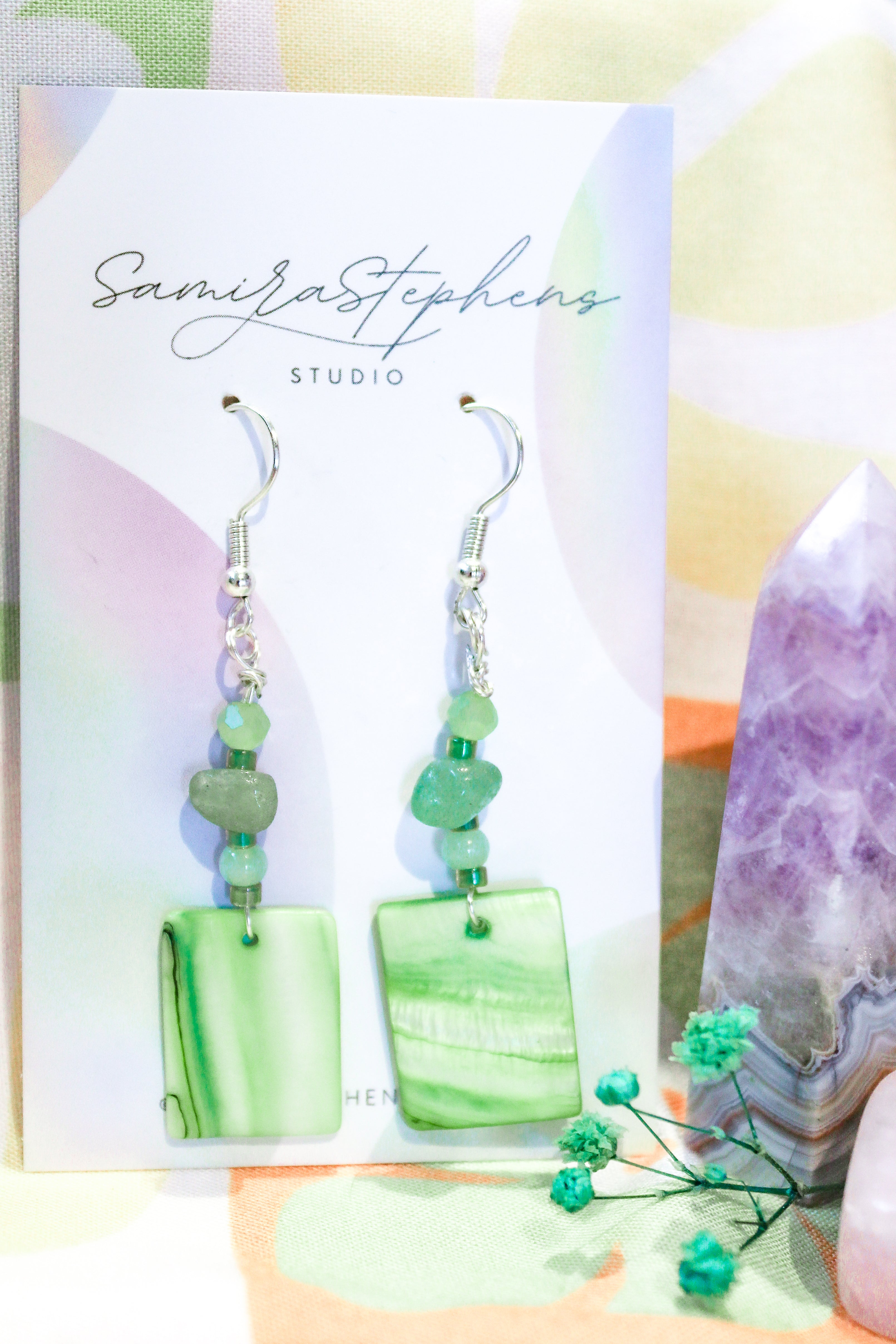 Calista Shell Drop Earrings in Green