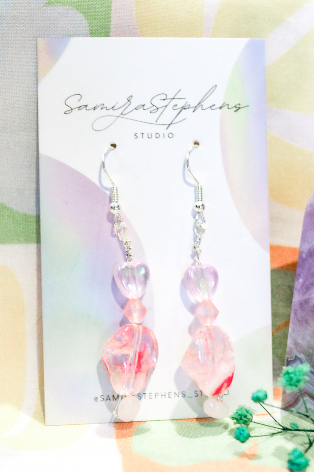 Rosalie Heart Drop Earrings in Pink